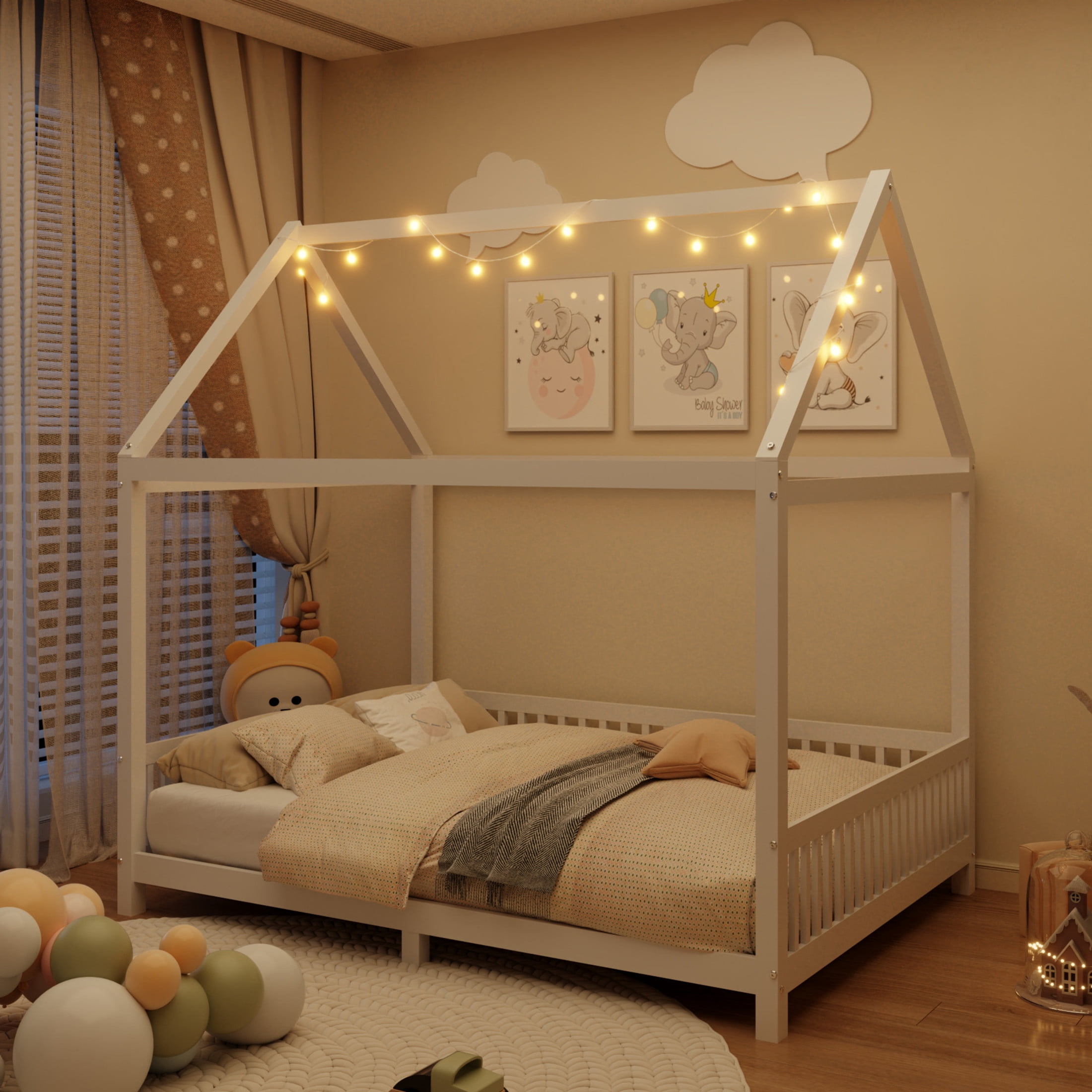 Noble House Auburn Full Size Wood House Bed with Integrated Guardrail and LED Lights, Sturdy 4-Poster Play Bed, White