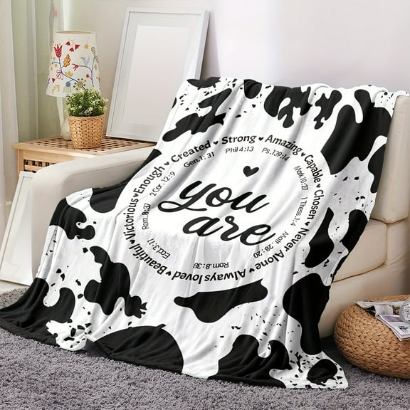 1pc Ultra Soft Flannel Throw Blanket with Inspirational Quotes & Cow Print Design – Cozy Reversible All Season Comfort for Home or Office Naps