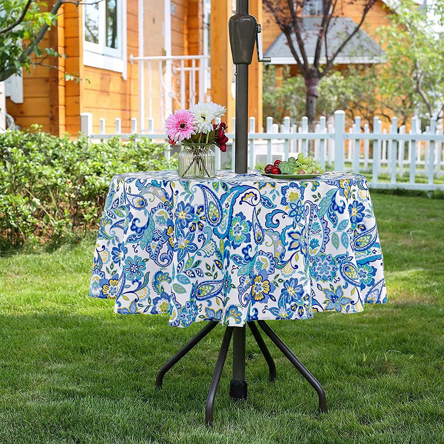 EWAYBY Round Tablecloth with Umbrella Hole and Zipper for Patio Garden