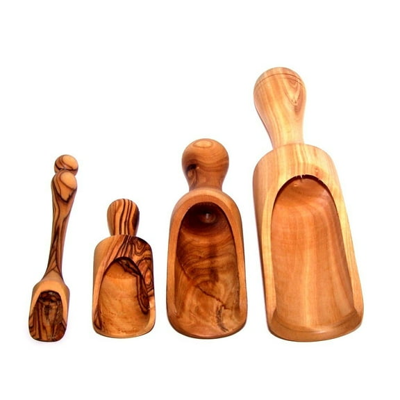 Handcrafted olive wood Salt spoons or scoops / shovels SET - 4 sizes ( 3 to 7 Inches ) - Asfour Outlet Trademark