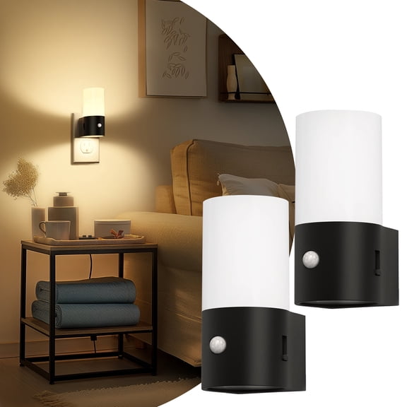 YANSUN 2 pack Black Warm White 3000K LED Motion Sensor Cylinder Light Plug in Night Light, 100LM Dimmable, Auto On/Off for Hallway, Bedroom