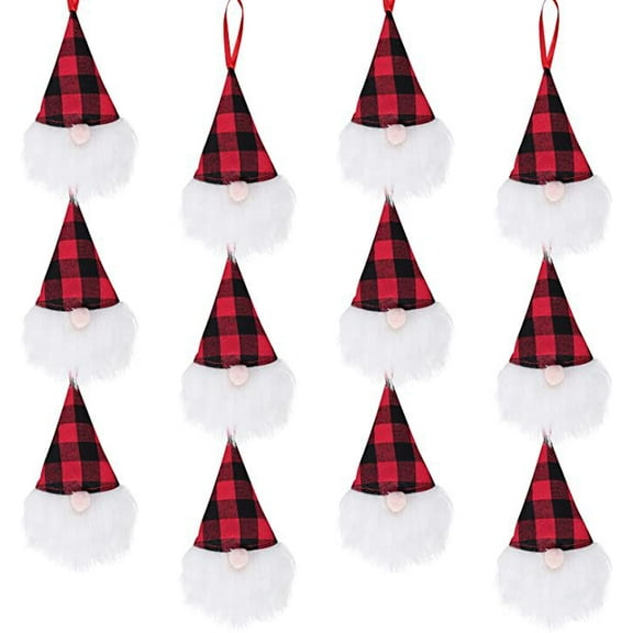Dalrosia Christmas Gnomes Tree Ornaments Set, 12 Pack Handmade Plush Tomte Hanging Christmas Decorations, Swedish Scandinavian Santa with Buffalo Check Plaid Hat for Home Decor