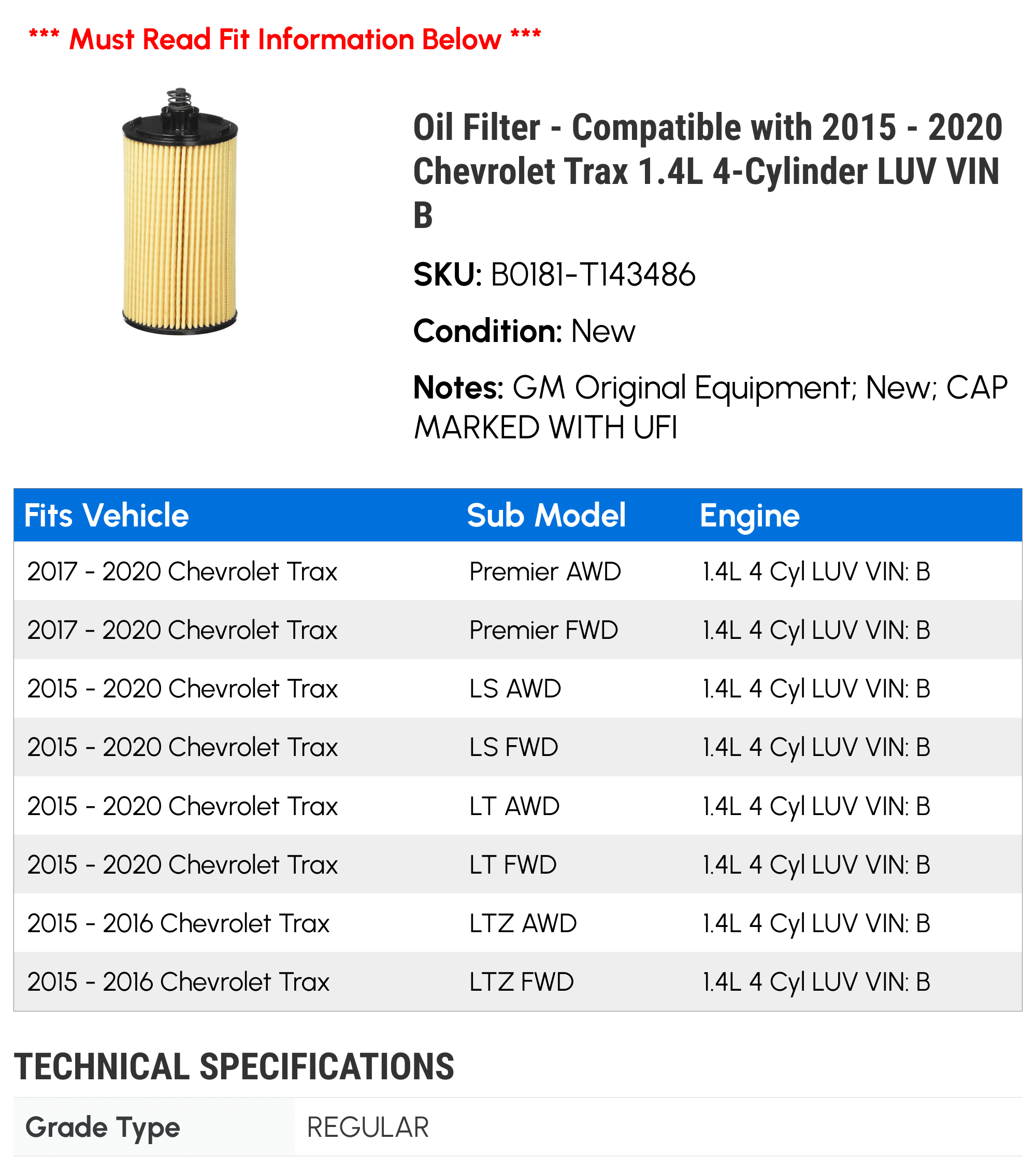 Oil Filter - Compatible with 2015 - 2020 Chevy Trax 1.4L 4-Cylinder LUV VIN B 2016 2017 2018 2019