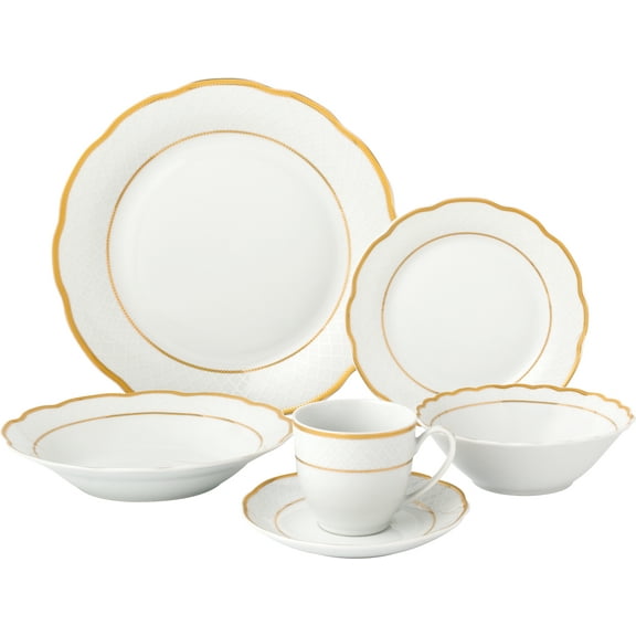 Stylish and Elegant 24 Pieces Porcelain Dinnerware Set Service for 4 People - Gold Wavy, Gloria