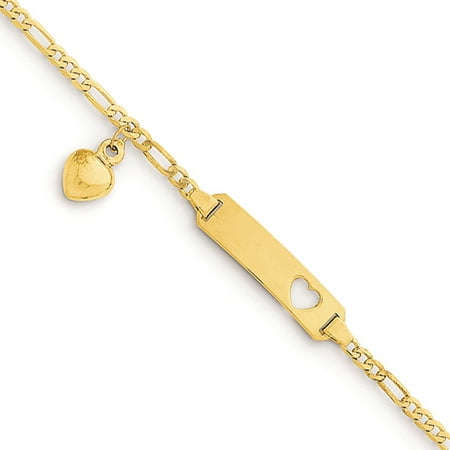 Childs 14k Yellow Gold Engraveable Figaro Link w/Dangling Heart Baby/Child ID 6
