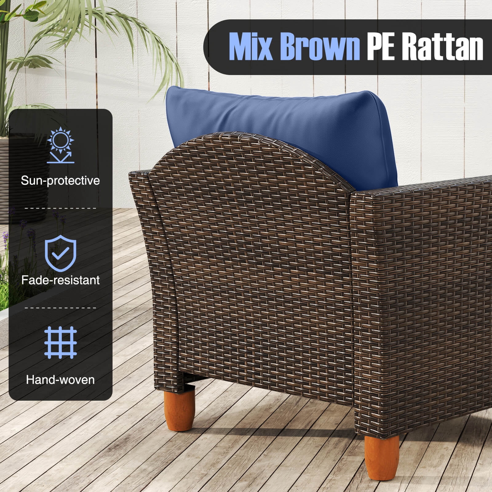 Costway 3 PCS Outdoor Patio Rattan Bistro Furniture Set Wooden Table Top Cushioned Sofa Navy