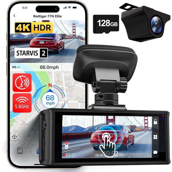 REDTIGER 4K HDR Dash Cam Front and Rear, STARVIS 2 Sensor, Dash Camera with 5.8GHz WiFi GPS, 3.18" Touchscreen, Voice Control, Free 128G Card, WDR, APP Control, 24H Parking Mode