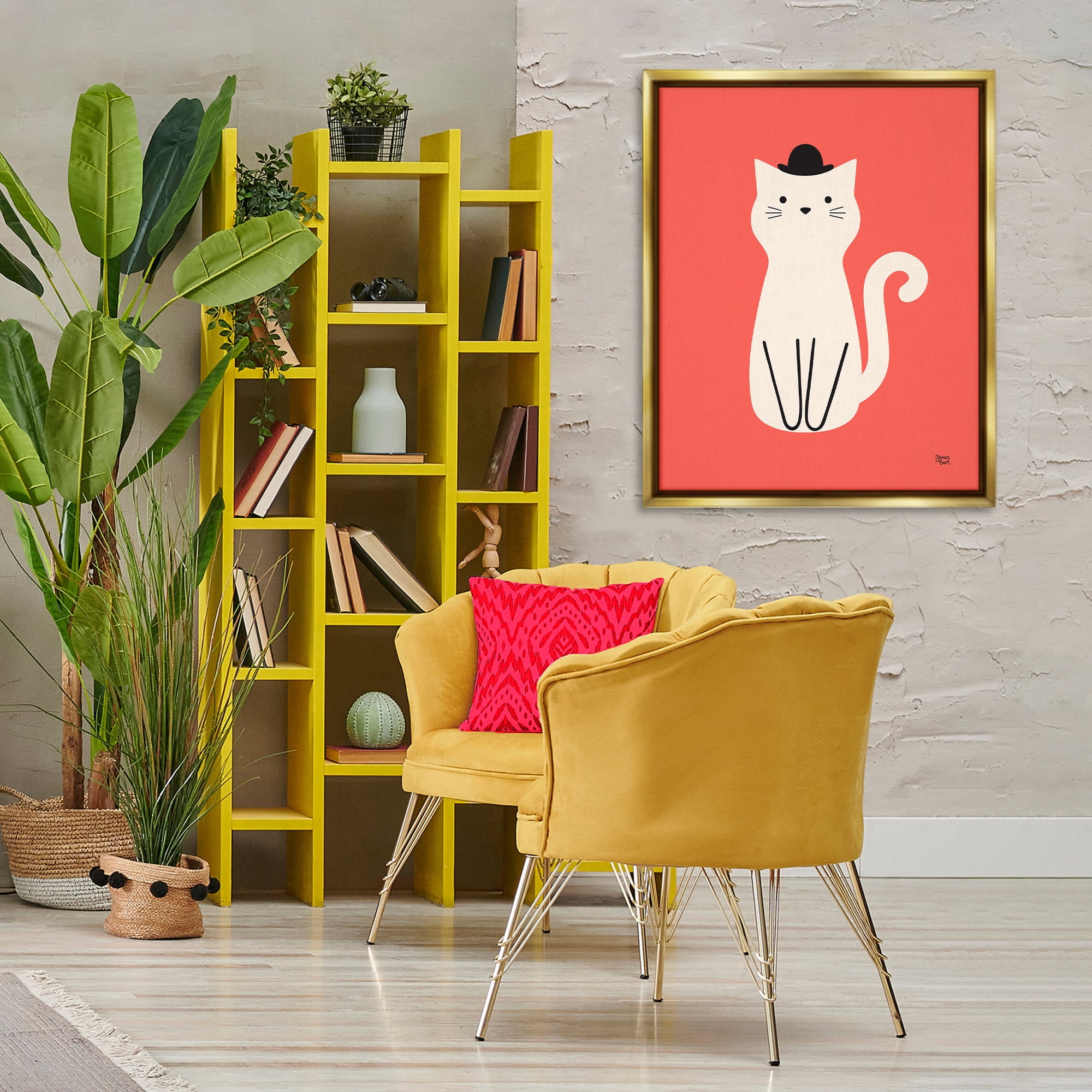 Stupell Industries Cat with Top Hat Animals Painting Gold Floater Framed Canvas Art Print Wall Art, 25 x 31