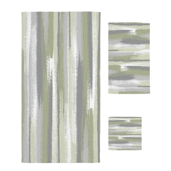 Sage Green Towel Set of 3, Soft Microfiber Bath Towels, Hand Towel, Washcloths, Modern Abstract Grey Striped Art Quick-Dry Absorbent Towels for Bathroom Kitchen Hotel Beach Gym Spa