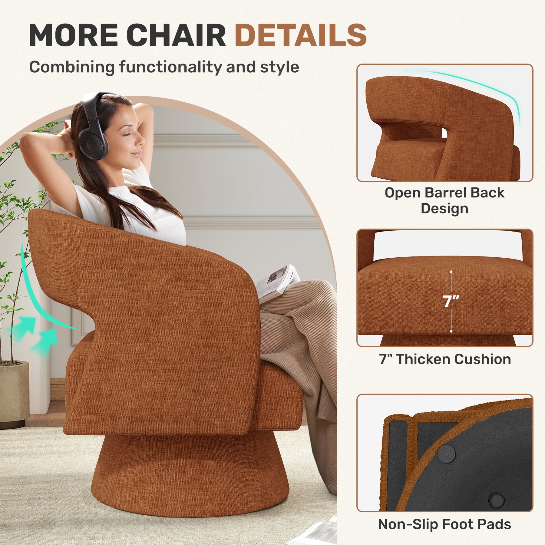 MOONMISS Oversized Chenille Swivel Barrel Accent Chair,Modern Comfy Round Arm Upholstered Armchair for Living Room,Caramel