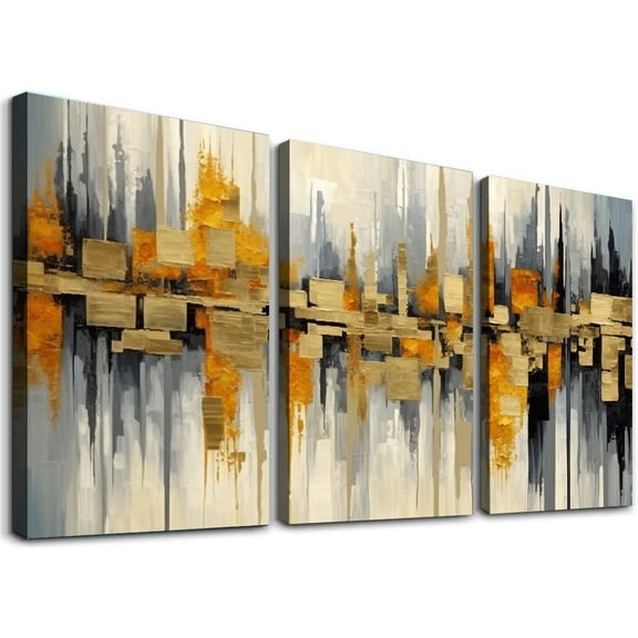 JRXY Grey and Gold Abstract Wall Art Paintings Print Artwork Stretched and Framed Modern Brown Canvas Print for Living Room Home Office 12x16 Inches 3 Panels 12x16x3pcs