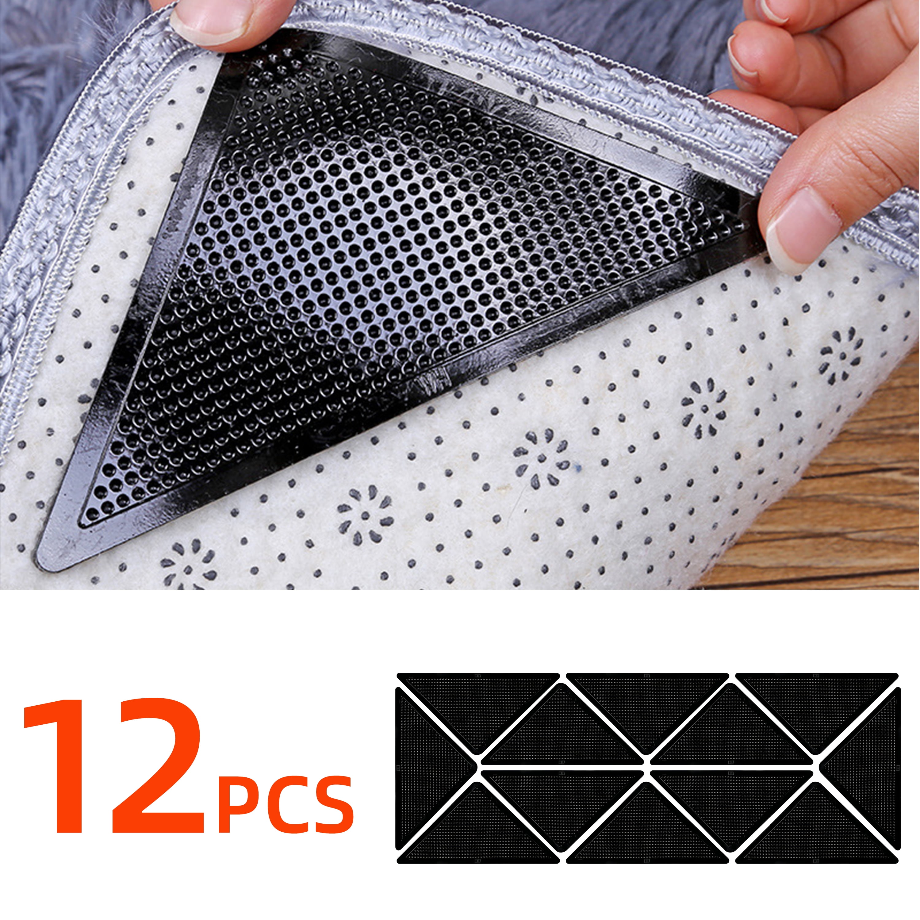 12 Pcs Non Slip Rug Gripper,Reusable Washable Corner Area Carpet Rug Grippers,Non Slip Rug Pads Carpet Gripper for Hardwood Floors,Rug Gripper Tap for Area Rugs,Anti Curling Pad Gripper,Black