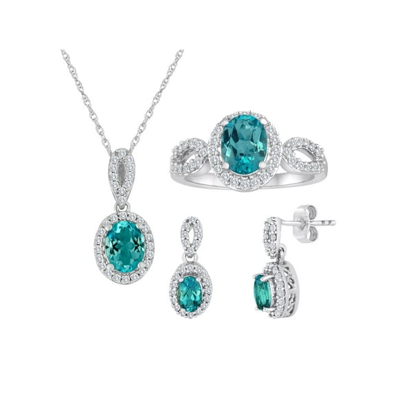 Ladies Brilliance Fine Jewelry Women's Blue Topaz Sterling Silver Earring, Ring and Pendant Set, 18"