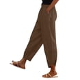 thumbnail image 2 of Women's Stacked V Hem Trousers, High Waist Casual Slub Cotton Pants with Elastic Waistband, Relaxed Fit Long Pants for Daily Wear, Vacation and Loungewear Coffee XL, 2 of 9