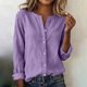 thumbnail image 1 of Craaazy Women's Casual V-Neck Blouse, Solid Color Long Sleeve Button Down Shirt, Loose Fit Comfy Tops for Daily Wear Gifts, 1 of 9