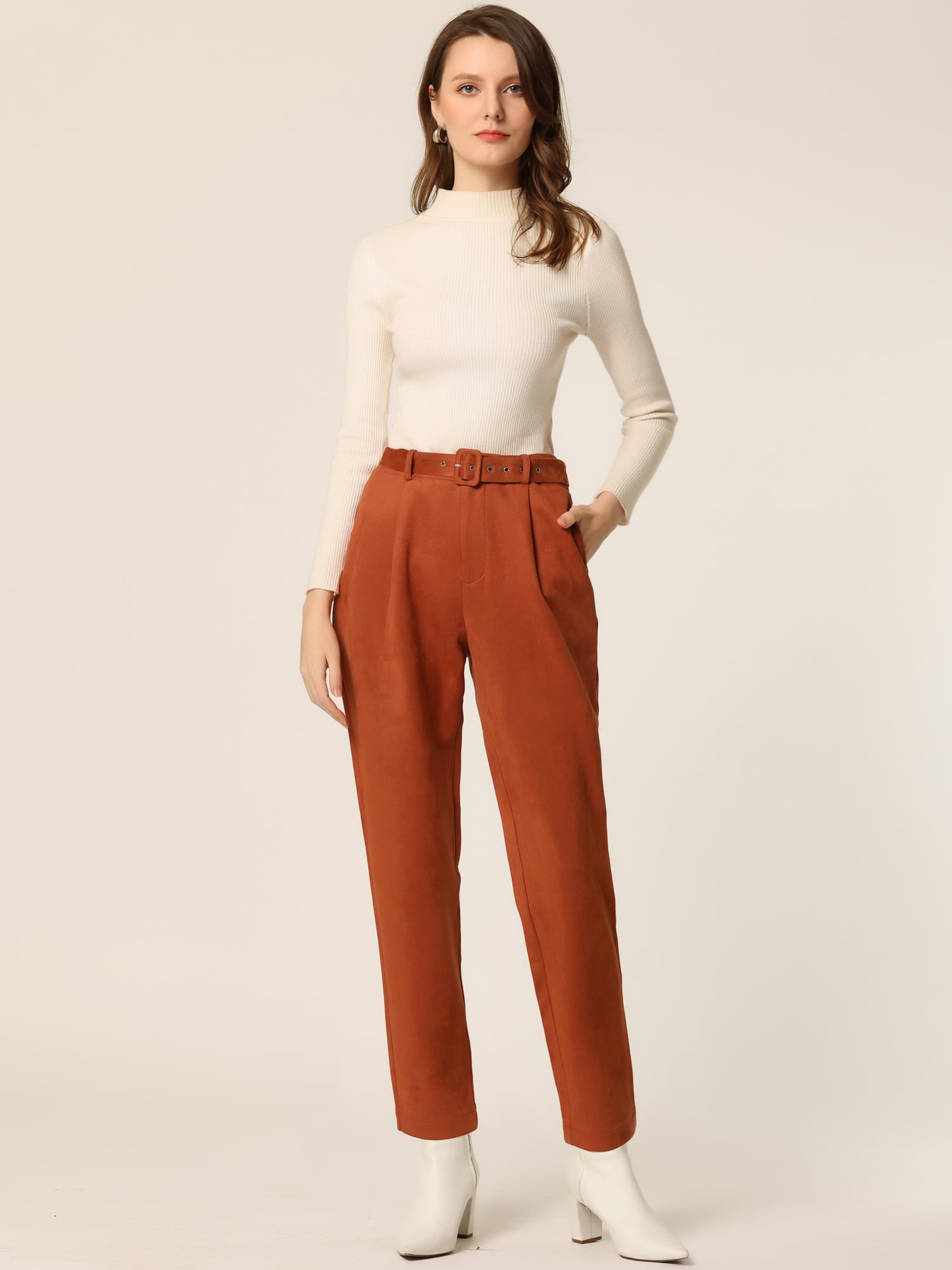 Unique Bargains Women's Faux Suede High Waist Belted Straight Legs Pants S Caramel