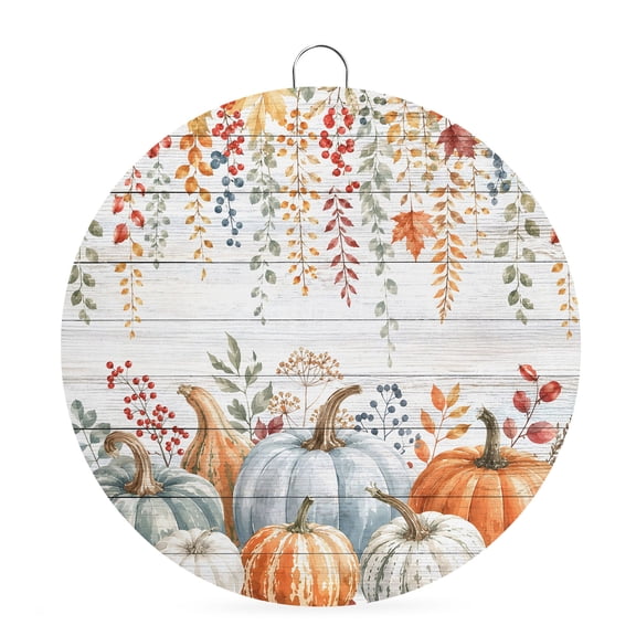 Welcome Sign for Front Door, Fall Pumpkins Round Metal Wall Art Wreaths, Autumn Weeping Botanical Thanksgiving Outdoor Indoor Wall Hanging Sign for Porch Decor Housewarming Gifts 5.9 Inch