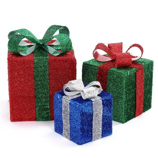 LuxenHome WHHD1640 Cadeaux avec Nœuds Décoration de Vacances Intérieure Extérieure, Multicolore - Ensemble de 3