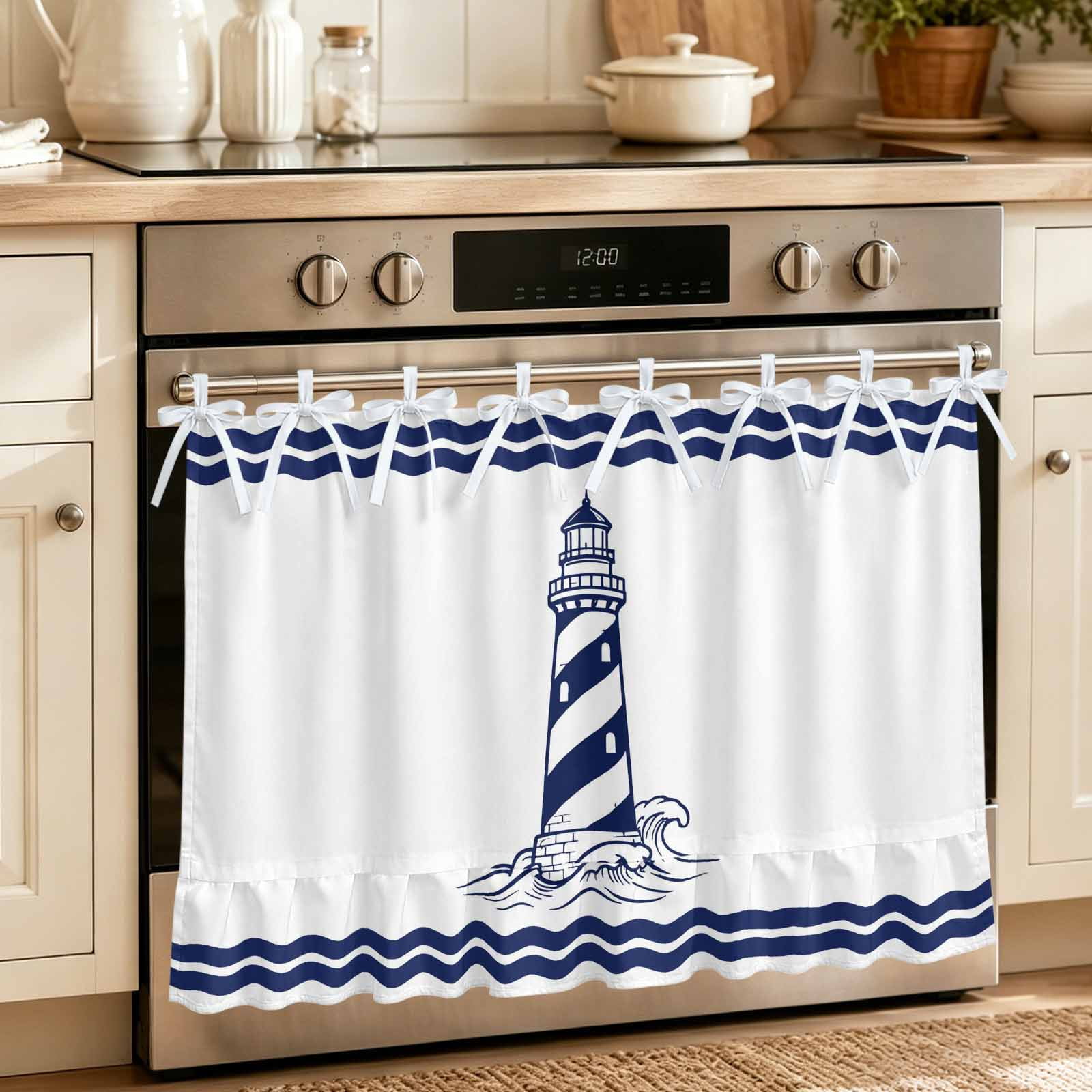 Navy Blue Lighthouse Seaside Oven Skirt for Farmhouse Kitchen D&eacute;cor Nautical Coastal Ocean Sea Oven Curtain Tie Top Decorative Stove Skirt Cabinet Dish Washer Curtains with 8 Ribbon Ties 32 x24