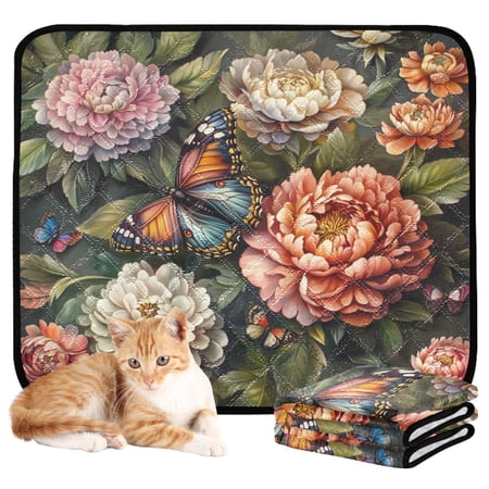 Qxltty Peony Butterfly Painting Cat litter Pads Pet Set of 3 Diaper Mats Center Anti-leakage Layer Absorbent Soft and Comfortable