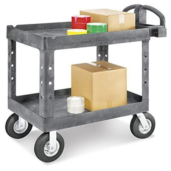 Plastic 2 Flat Black Shelf Service & Utility Cart, 44 x 25.5, 8 in. Pneumatic Wheels