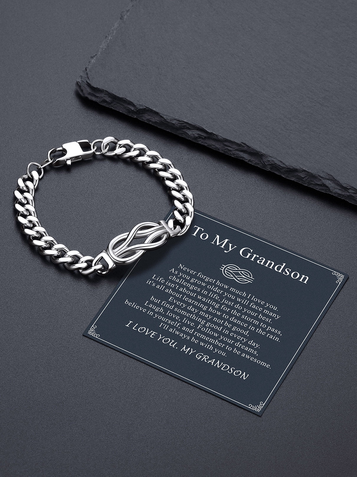 Bandmax 8.26'' Cuban Chain Bracelet for Men Women Stainless Steel Love Infinity Knot Bracelet Link Chain Gift with Specific Card for Grandson