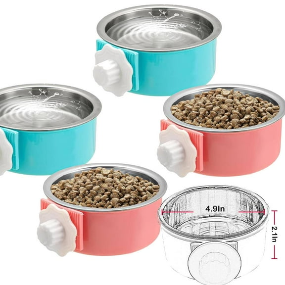 4 Pieces Crate Dog Bowl, Removable Stainless Steel Pet Kennel Hanging Food Water Feeder Bowl Cage Coop Cup for Puppy Medium Dog Cat Rabbit Ferret Bird (Blue,Red)
