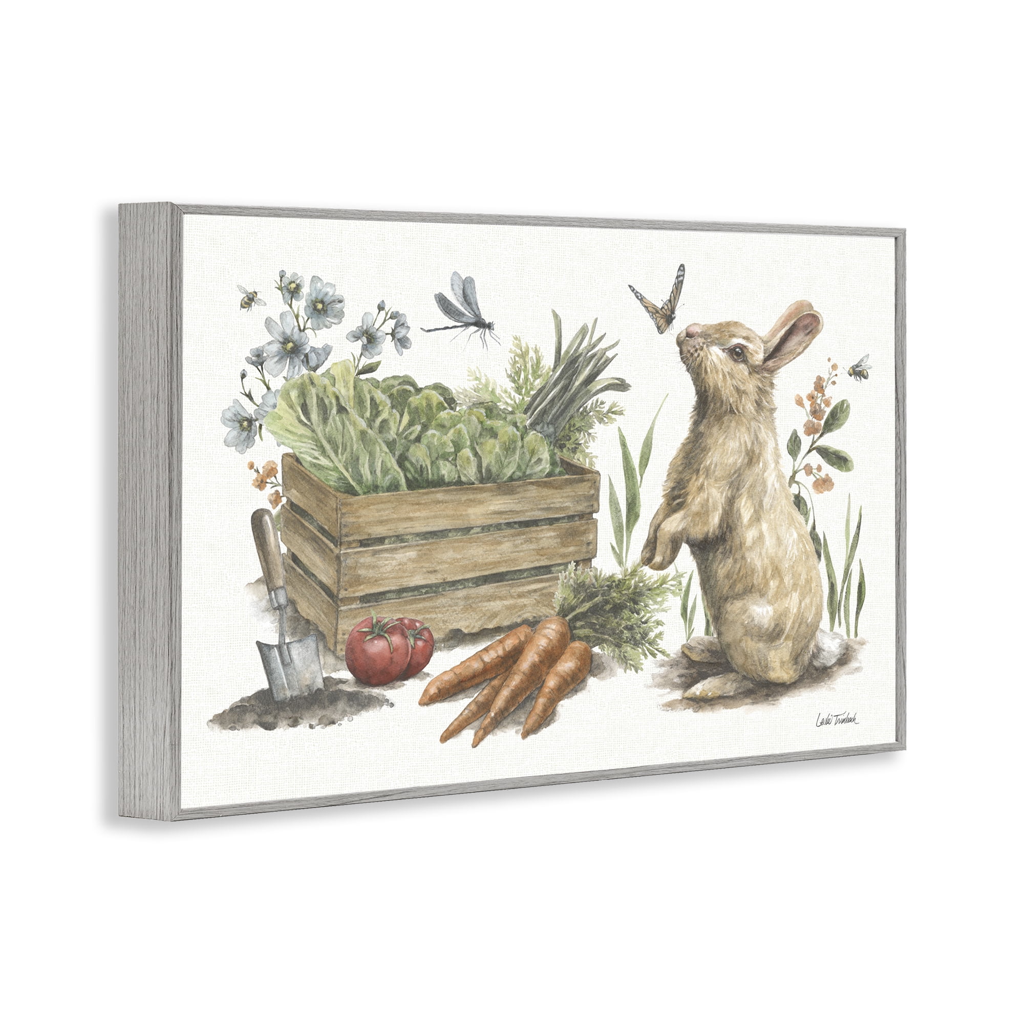 Stupell Industries Gardening Bunny Scene Botanical & Floral Painting Gray Framed Art Print Wall Art, 24 x 16