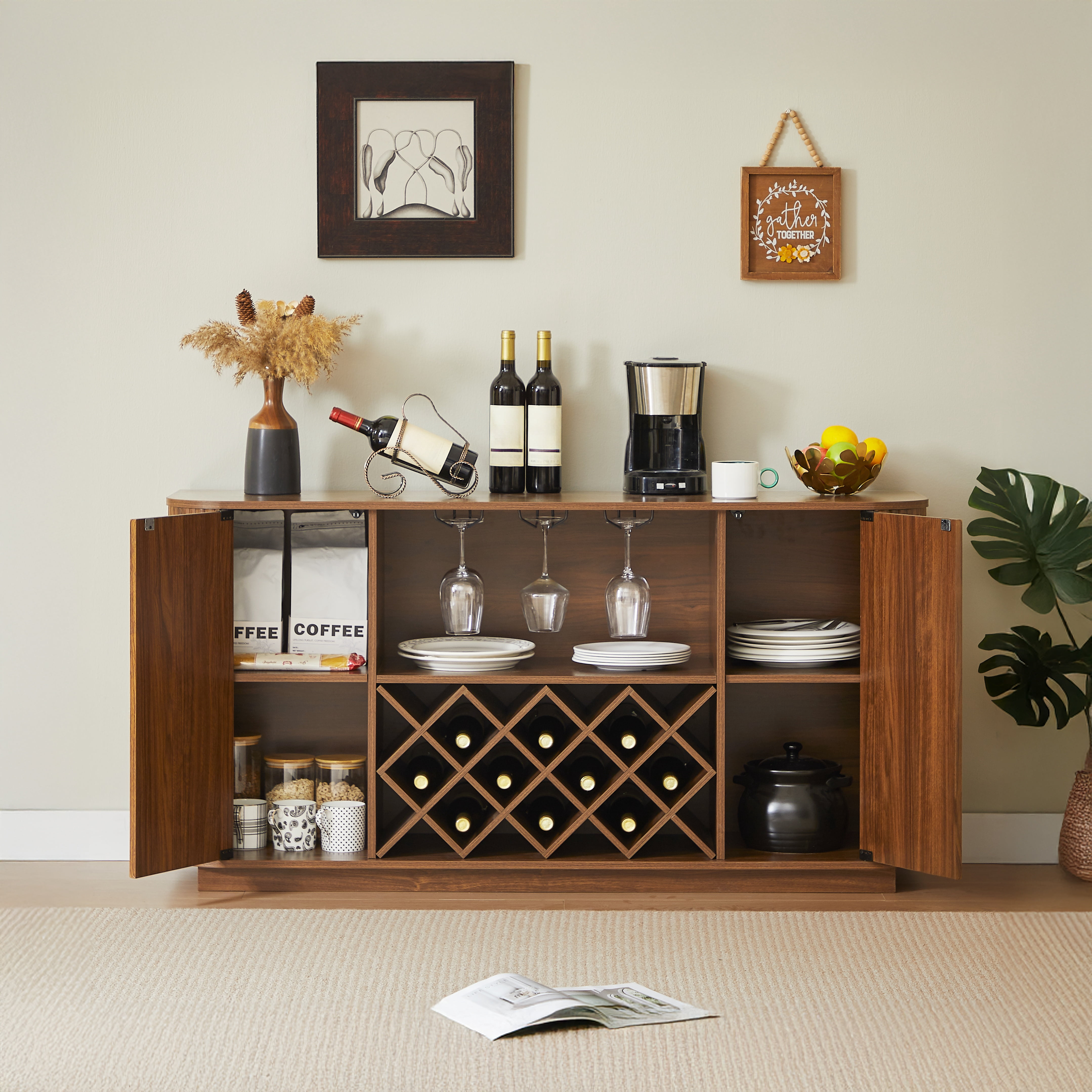 58" Sideboard Storage Cabinet With Wine Rack And Glassware Holder, Adjustable Shelves For Wine Storage And Coffee Bar, Suitable For Kitchens And Dining Rooms
