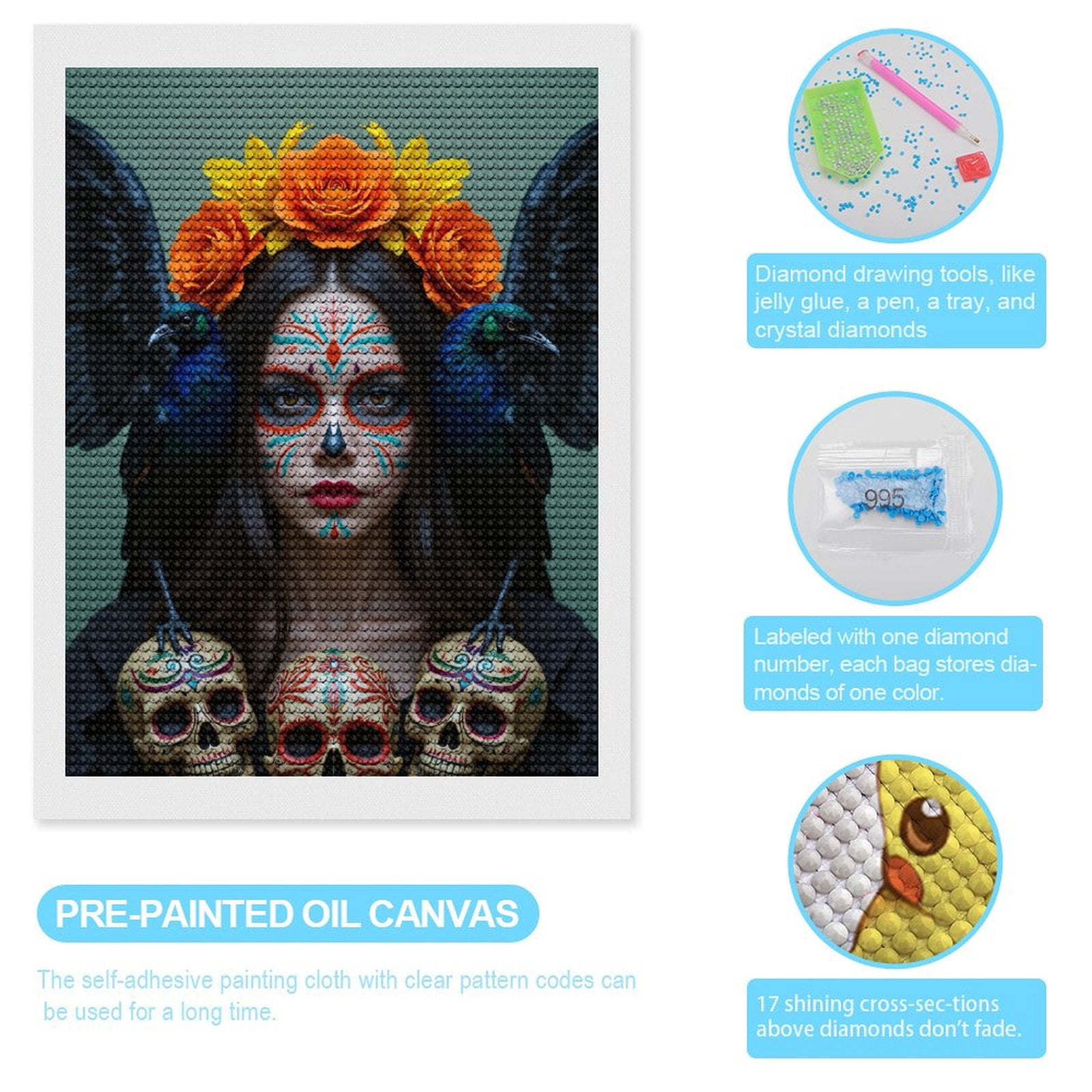 Diamond Art Kits for Adults, Orange Flowers Skull Face Ravens 5D Diamond Painting Kits for Adults Beginners, DIY Full Drill Diamond Painting, Gem Art and Crafts 12x16