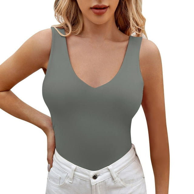 Gibobby Verano mujer sin mangas Sexy cuello en V profundo Color sólido camiseta sin mangas Casual Slim chaleco blusa(Gris,XG)