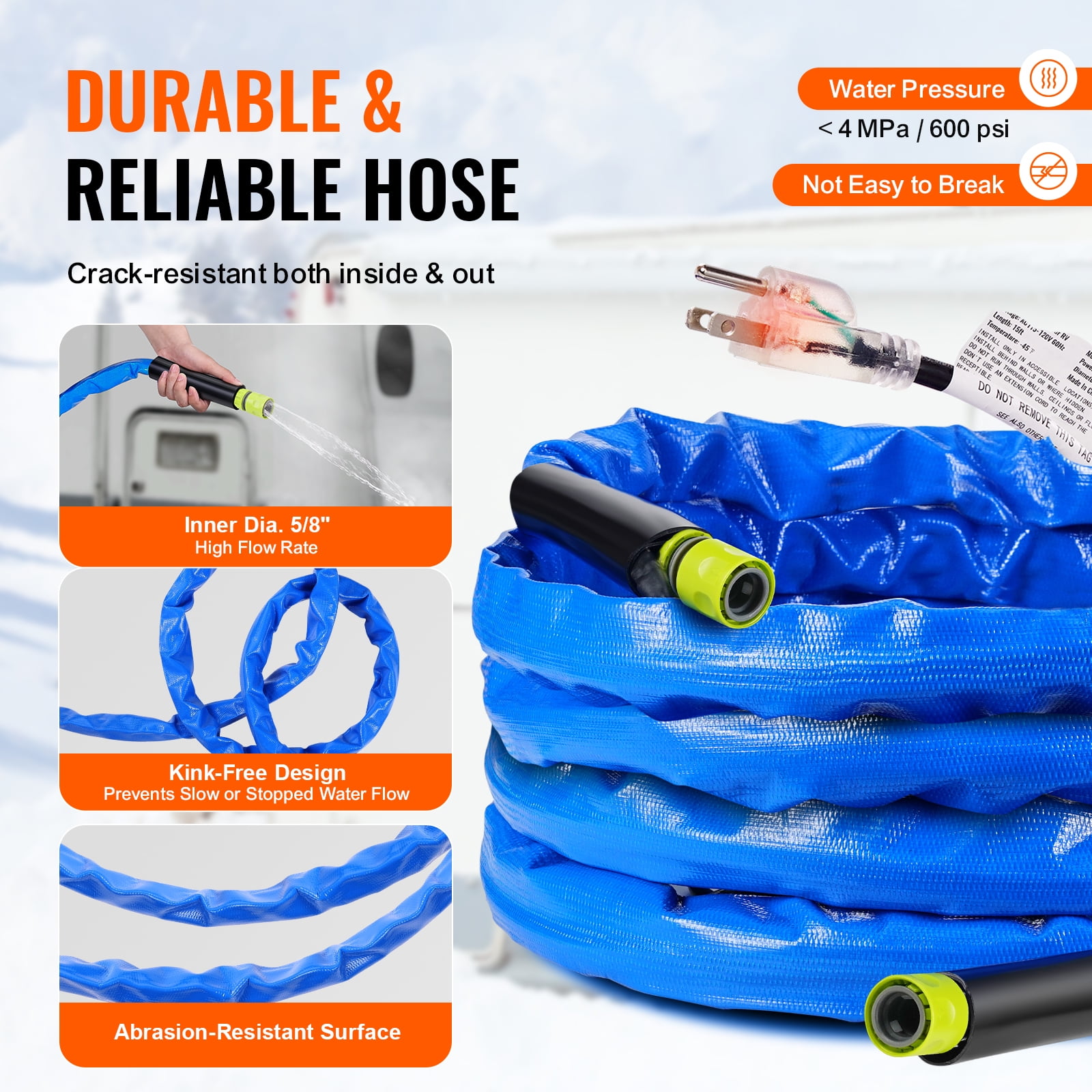 VEVOR 25ft Heated Water Hose for RV, Heated Drinking Water Hose with Corrugated Cover Antifreeze to -45°F, Automatic Self-regulating, 5/8" I.D. with 3/4" GHT Adapter, Lead and BPA Free