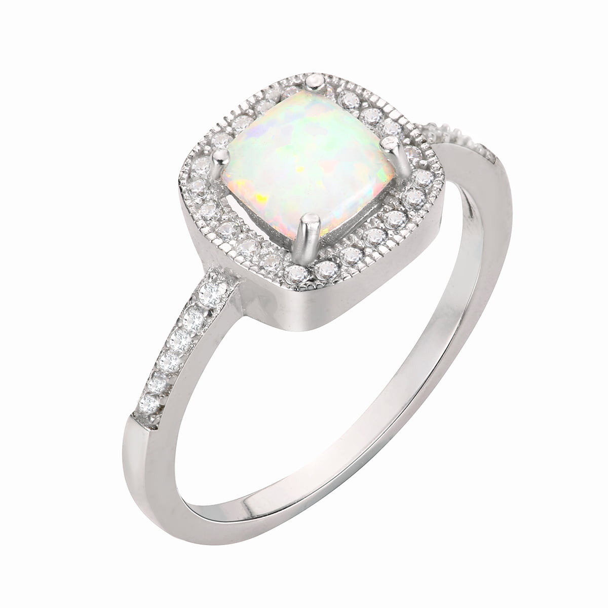 CloseoutWarehouse Princess Center Cubic Zirconia Simulated Opal Ring 925 Sterling Silver 