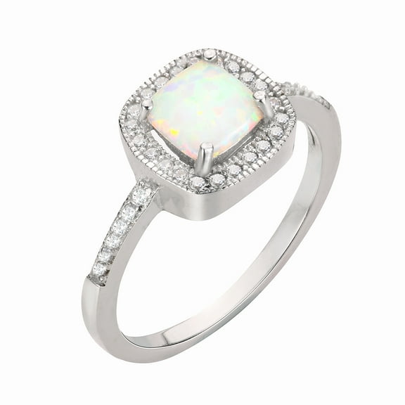 Princess Halo White Simulated Opal Ring Sterling Silver Size 10