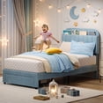 thumbnail image 2 of YUSAZENS Bed Frame, Twin Bed Frame with Bookcase Headboard, Velvet Upholstered Platform Bed with Under-Bed Drawer, No Box Spring Needed, Noise-Free, Easy Assembly, Light Blue, 2 of 7