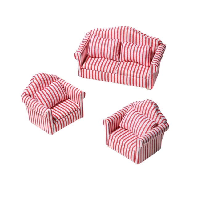 Sofá de casa de muñecas a escala 1/12, sillón, sofá de rayas rojas, juego de sofá navideño de 3 piezas Juego de sofás de 3 piezas