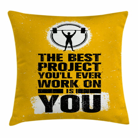 Fitness Throw Pillow Cushion Cover, The Best Project is You Phrase with Weightlifter Fit Body Concept, Decorative Square Accent Pillow Case, 24 X 24 Inches, Marigold Dark Blue White, by