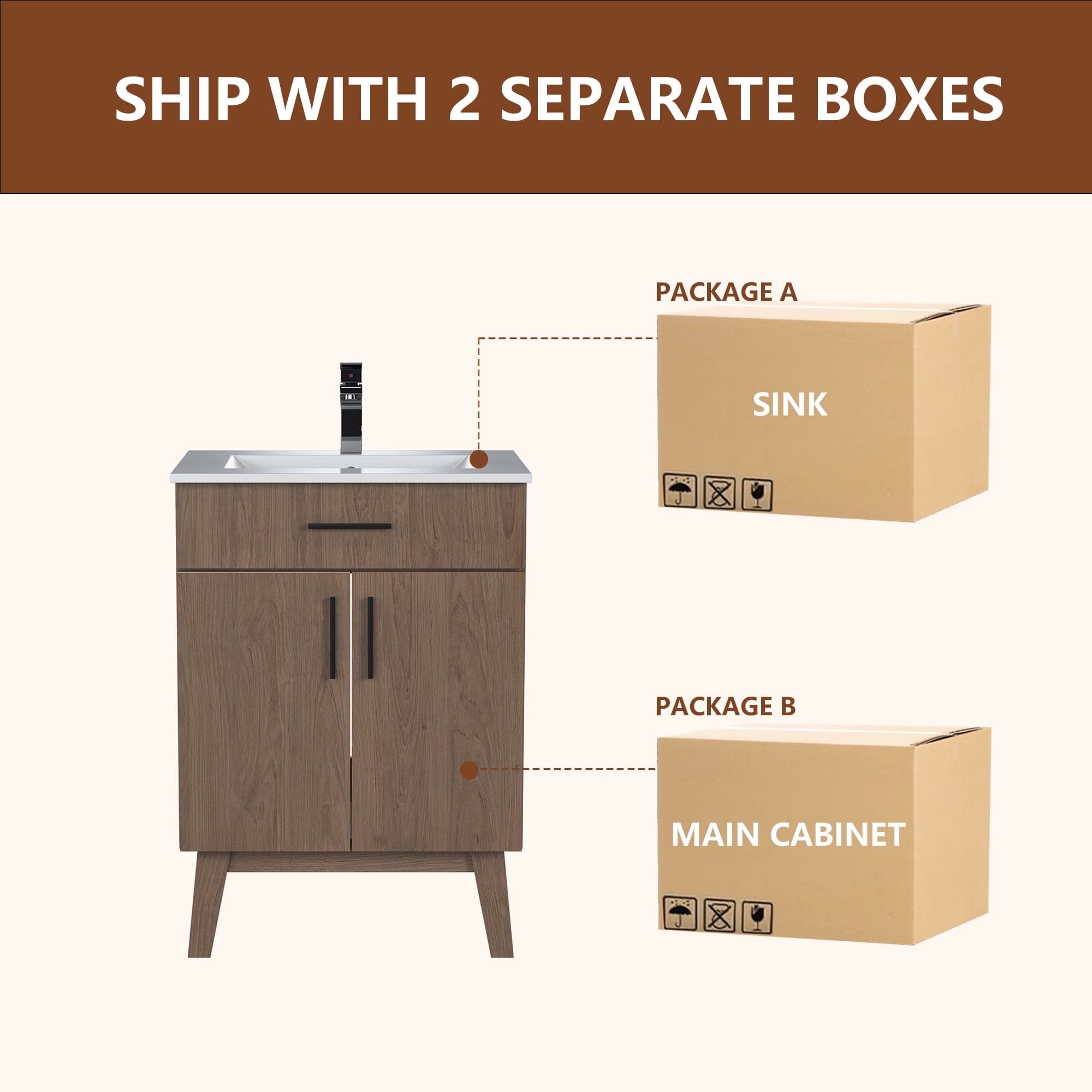 24" Bathroom Vanity with Sink, Vanity Combo with Two Soft Close Cabinet Doors, Modern Single Bathroom Cabinet Set with Metal Handles (Brown with Sink, 24)