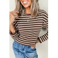 thumbnail image 2 of Women's Brown Stripe Ribbed Cropped Crew Neck Long Sleeve T-Shirt - [ZhiHiMeRi] | (US 12-14)L, 2 of 12