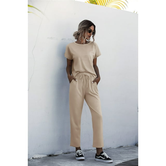 Nouveaux Ensembles Assortis pour Femmes Pantalons Longs Design Original Décontracté Col Rond Vêtements Couleur Unie