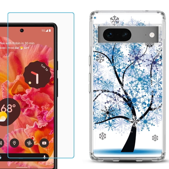 Slim-Fit Gel TPU Phone Case for Google Pixel 7, with Tempered Glass Screen Protector, by OneToughShield ® - Snowflakes Tree