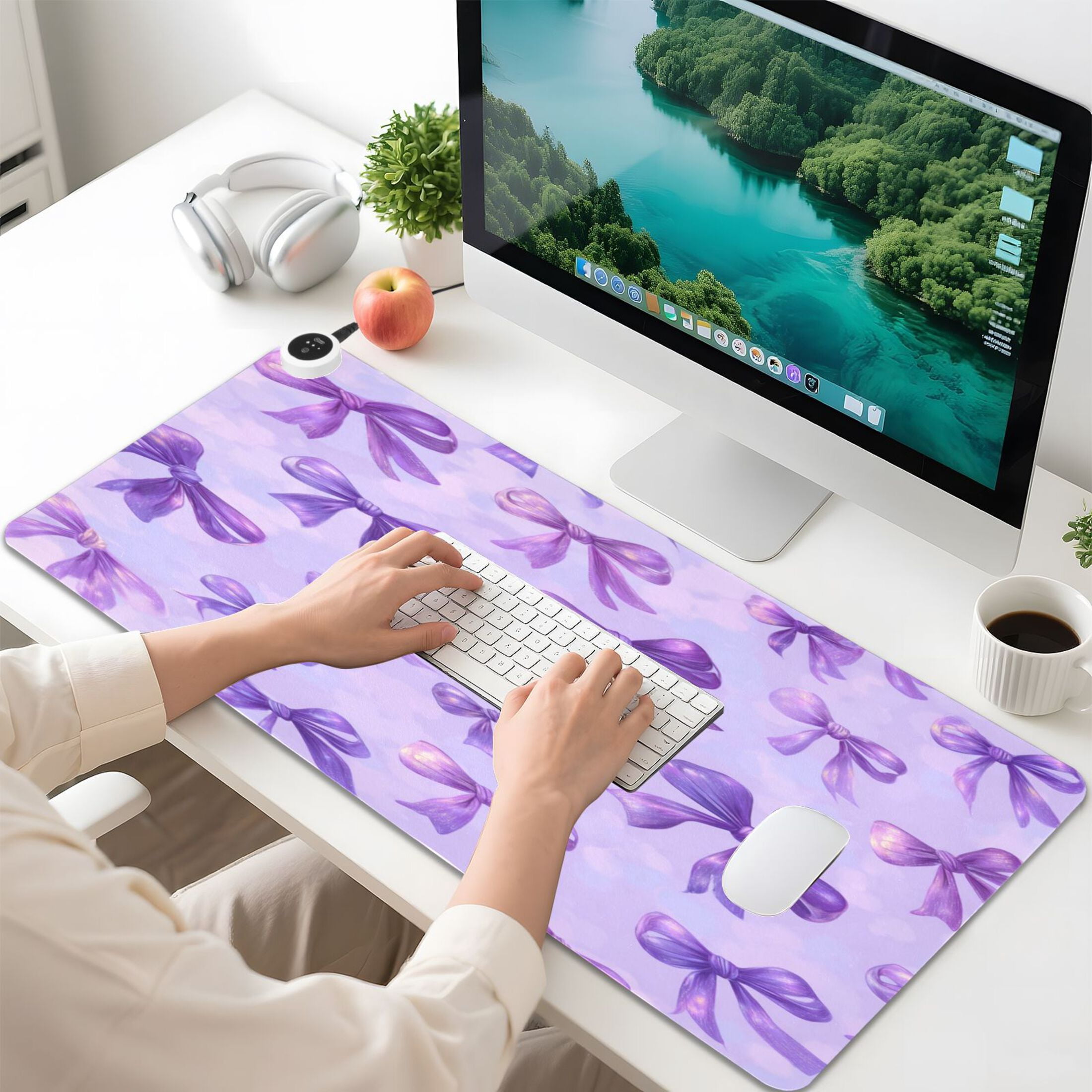 Large Heated Desk Mat Mouse Pad 31.5"x13"PU Leather Graphene Heating Desk Warmer with 3 Temperature Settings 110V US Plug Non-Slip Warm Pad for Home, Office, and Gaming Vibrant Purple Bows Pattern