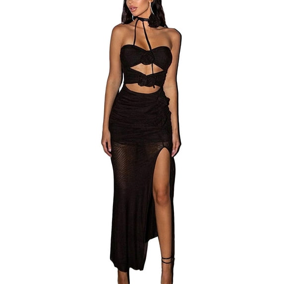 Sedceaty Women Tube Dress, Sleeveless Backless See-through Hollowed Slit Summer Long Dress with Choker for Cocktail Party