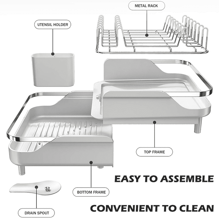 SAYZH Dish Drying Rack, Kitchen Dish Drainer Rack, Expandable(13.2 inch-19.7 inch) Stainless Steel Sink Organizer Dish Rack and Drainboard Set with Utensil
