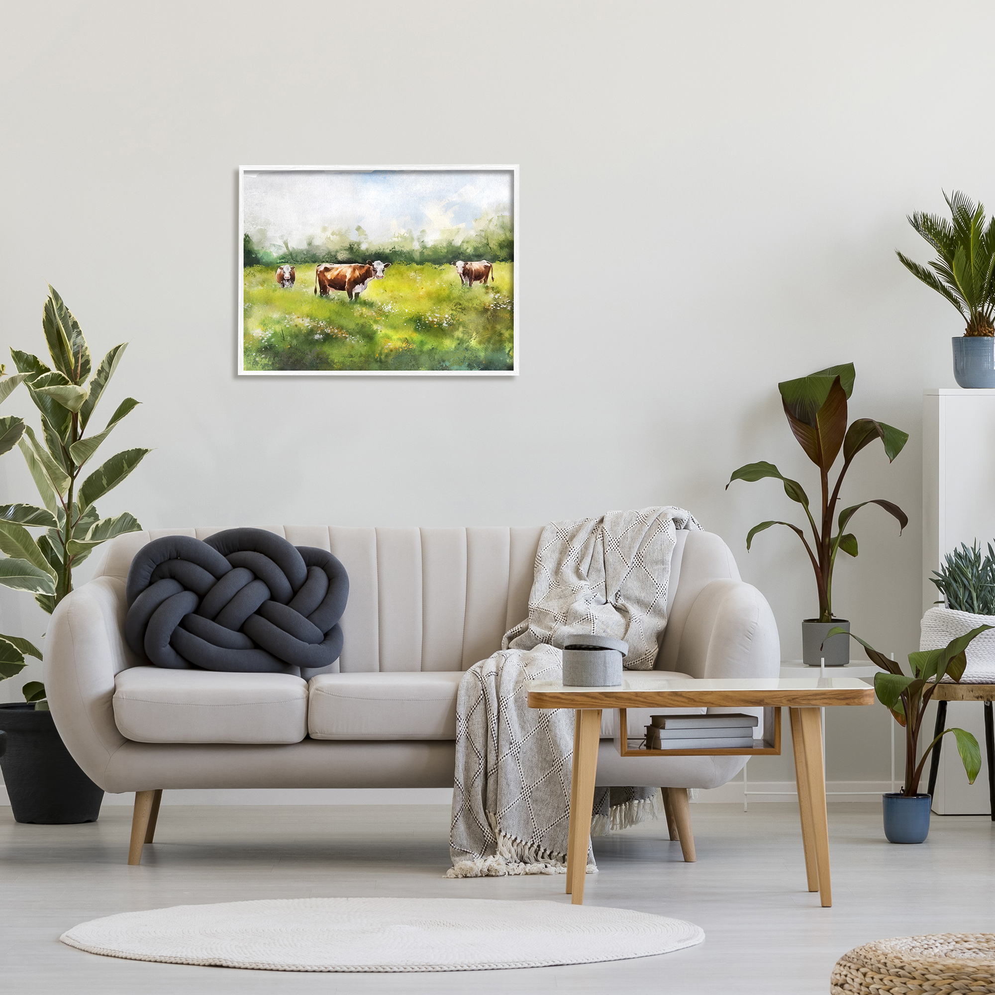 Stupell Industries Cows in Pasture Watercolor Animals & Insects Painting White Framed Art Print Wall Art, 30 x 24
