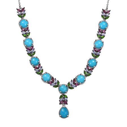 Premium Sleeping Beauty Turquoise and Multi Gemstone 17.15 ctw Leaf Necklace in Rhodium Plated Sterling Silver 18 Inches Del. In 8-10 Days Birthday Christmas Gifts