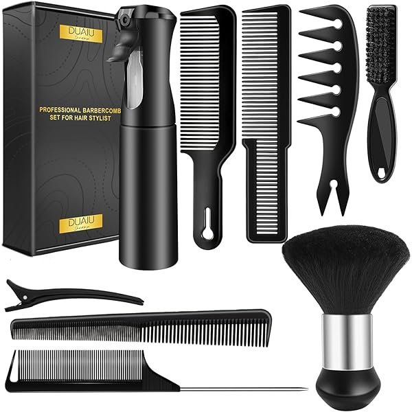 wonim44 DUAIU 9Pcs Hair Comb Set, Professional Barber Combs for Hair Cutting and Styling - Premium Grade Hair Spray Bottle Neck Duster Barber Brush Set, Taper Texture Clipper Comb Tools for Men Boys