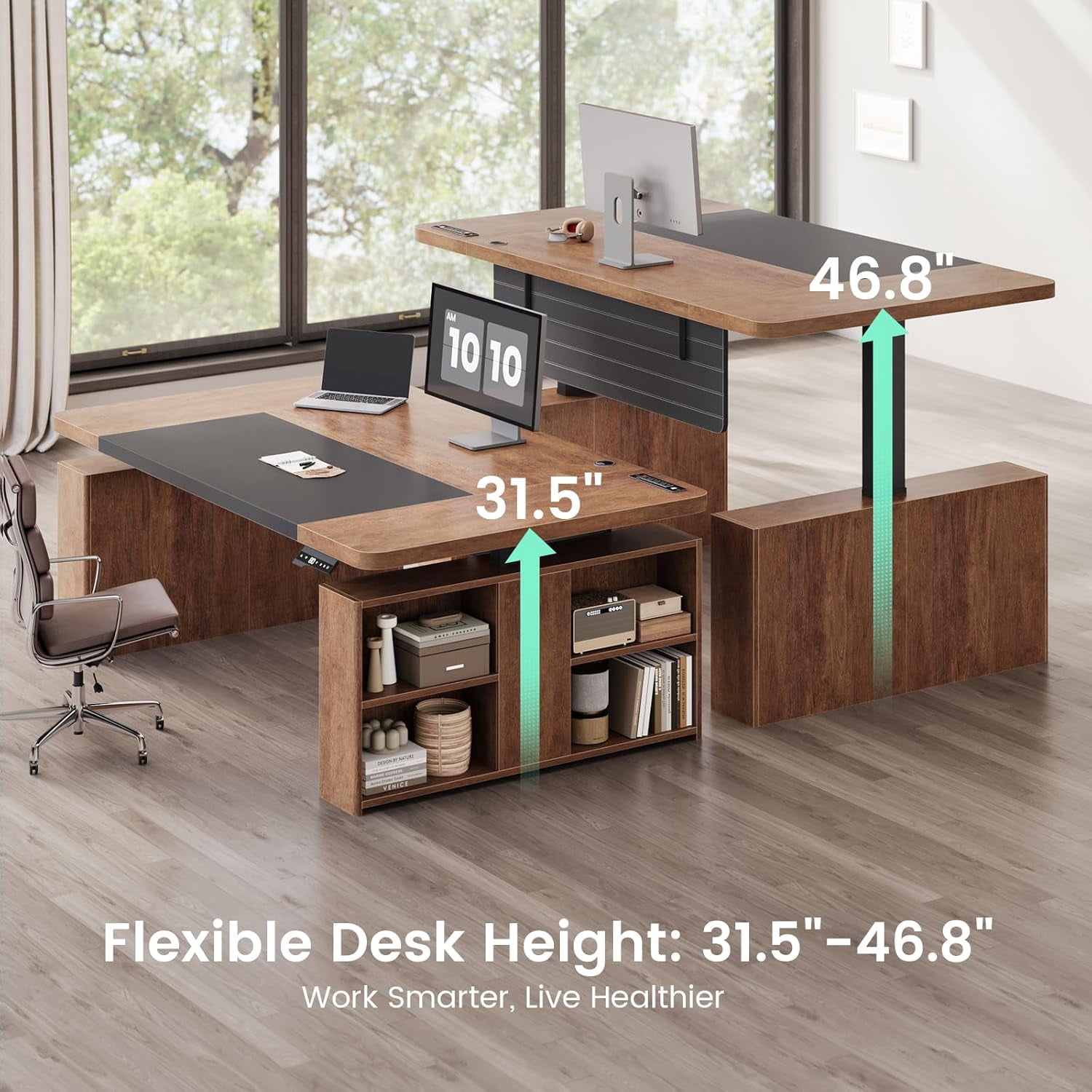 SEDETA 63" Standing Office Desk with Storage, Height Adjustable Executive Desk witj Power Outlets & Open Shelves, Large Computer Desk with Privacy Panel for Home Office, Brown