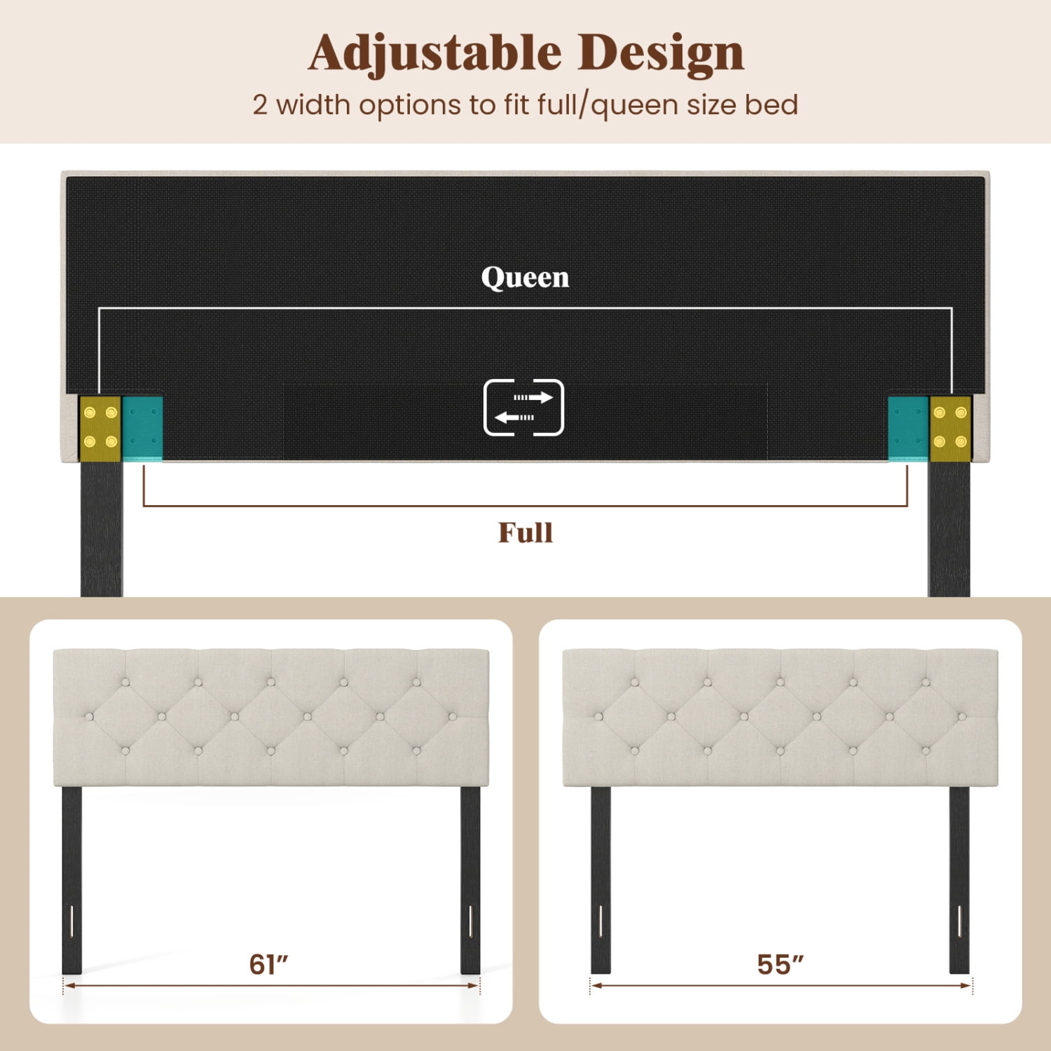 Furnibear Upholstered Tufted Linen Headboard Panel for Queen Size Beds with Adjustable Legs for Bedroom and Guest Room, Beige