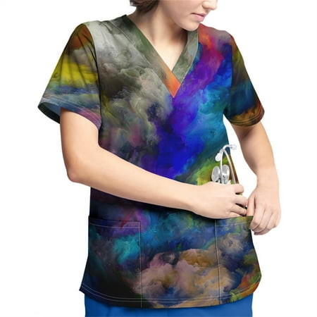 

Hanas Tops Plus Size Printed Scrub Working Uniform Tops For Women V-Neck Short Sleeve T-Shirts Workwear Tee With Pockets Yellow/XXXXXL